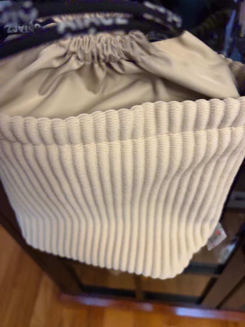 Cream Ribbed Drawstring Shoulder Bag with Padded Handle - Picture 2 of 4